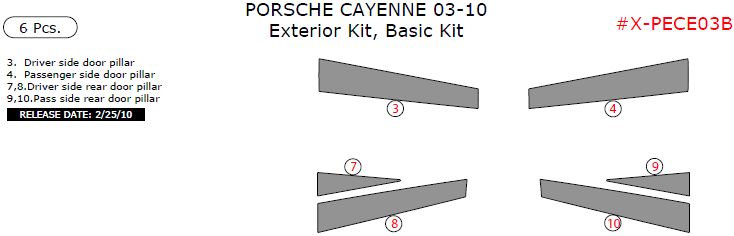 Porsche Cayenne 2003, 2004, 2005, 2006, 2007, 2008, 2009, 2010, Basic Exterior Kit, 6 Pcs. dash trim kits options