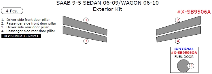 Saab 9-5 2006, 2007, 2008, 2009, 2010, Exterior Kit, 4 Pcs. dash trim kits options