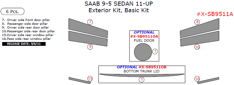 Saab 9-5 2011, 2012, 2013, 2014, 2015, Basic Exterior Kit (Sedan Only), 6 Pcs. dash trim kits options