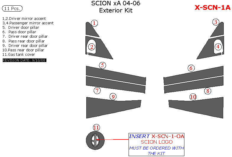 Scion xA 2004, 2005, 2006, Exterior Kit, 11 Pcs. dash trim kits options