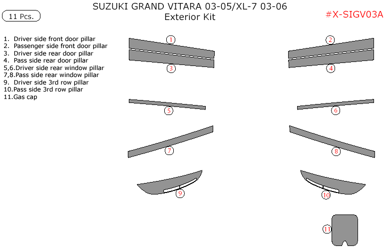 Suzuki Grand Vitara (2003, 2004, 2005) / XL-7 (2003-2006), Exterior Kit, 11 Pcs. dash trim kits options