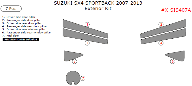 Suzuki SX4 Sportback 2007, 2008, 2009, 2010, 2011, 2012, 2013, Exterior Kit, 7 Pcs. dash trim kits options