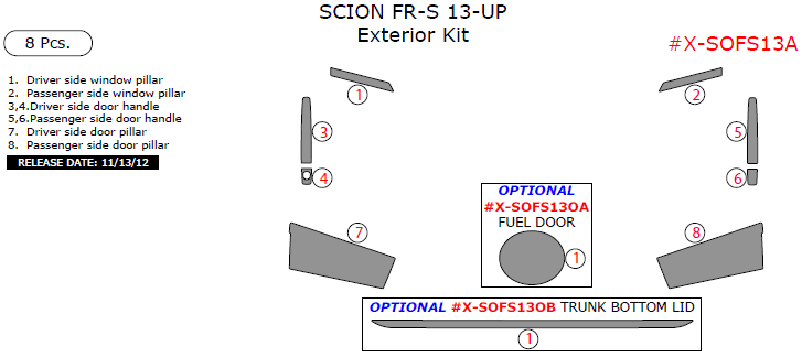 Scion FR-S 2013, 2014, 2015, Exterior Kit, 8 Pcs. dash trim kits options