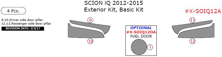 Scion iQ 2012, 2013, 2014, 2015, Basic Exterior Kit, 4 Pcs. dash trim kits options