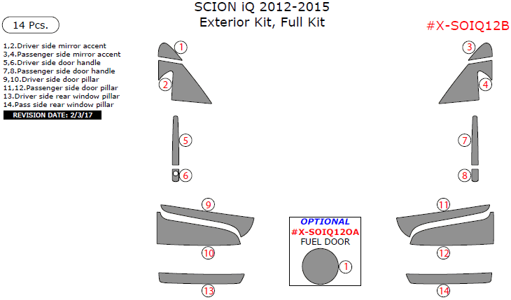 Scion iQ 2012, 2013, 2014, 2015, Exterior Kit, Full Interior Kit, 14 Pcs. dash trim kits options