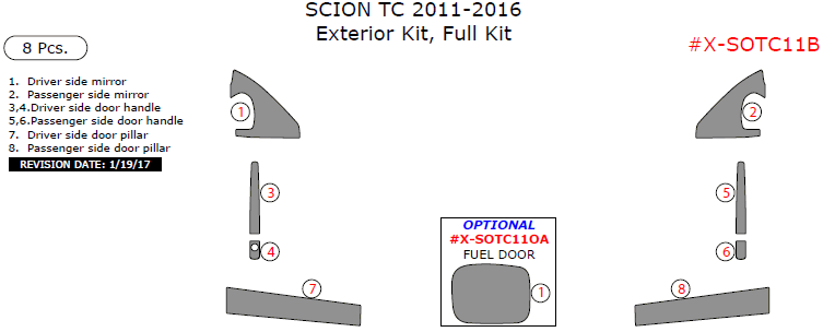 Scion tC 2011, 2012, 2013, 2014, 2015, 2016, Exterior Kit, Full Interior Kit, 8 Pcs. dash trim kits options