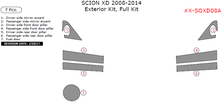Scion xD 2008, 2009, 2010, 2011, 2012, 2013, 2014, Exterior Kit, Full Interior Kit, 7 Pcs. dash trim kits options