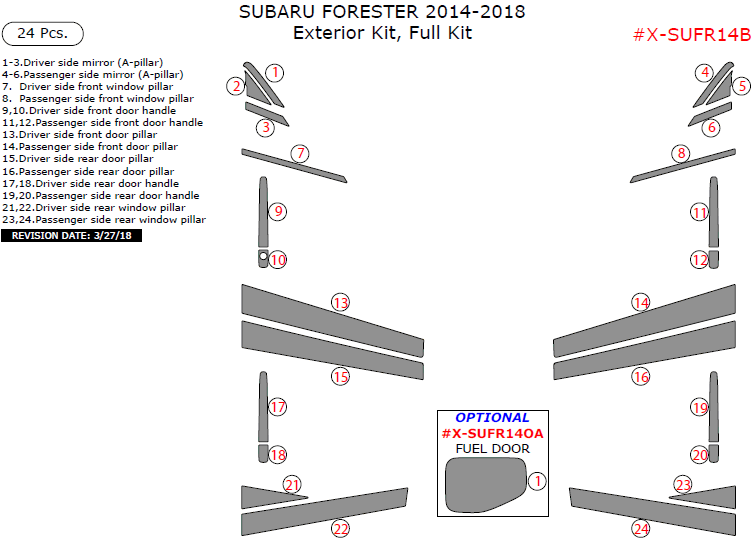 Subaru Forester 2014, 2015, 2016, 2017, 2018, Exterior Kit, Full Interior Kit, 24 Pcs. dash trim kits options