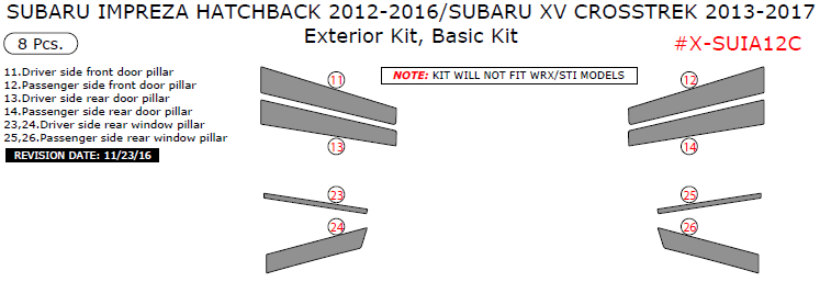 Subaru Impreza Hatchback 2012, 2013, 2014, 2015, 2016/Subaru XV Crosstrek 2013-2017, Basic Exterior Kit, 8 Pcs. dash trim kits options