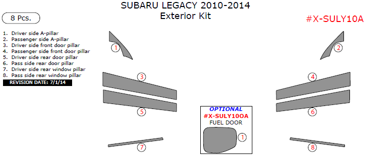 Subaru Legacy 2010, 2011, 2012, 2013, 2014, Exterior Kit, 8 Pcs. dash trim kits options