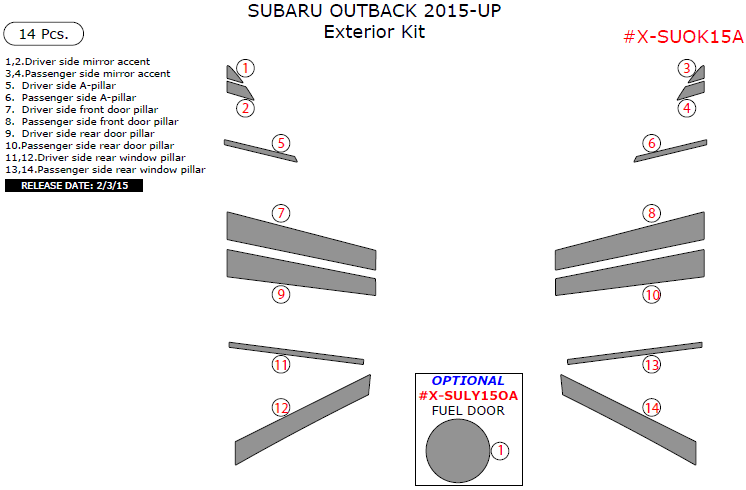 Subaru Outback 2015, 2016, 2017, Exterior Kit, 14 Pcs. dash trim kits options