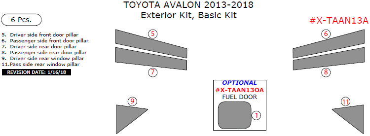 Toyota Avalon 2013, 2014, 2015, 2016, 2017, 2018, Basic Exterior Kit, 6 Pcs. dash trim kits options
