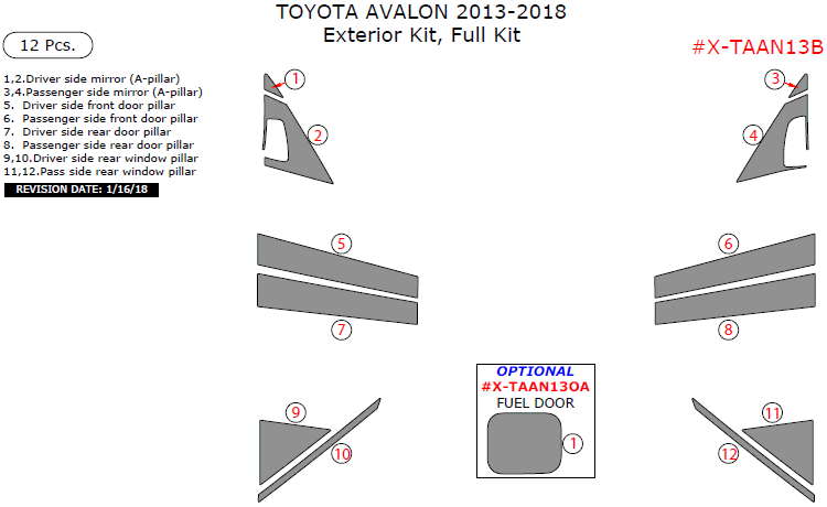 Toyota Avalon 2013, 2014, 2015, 2016, 2017, 2018, Exterior Kit, Full Interior Kit, 12 Pcs. dash trim kits options