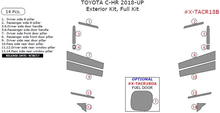 Toyota C-HR 2018-2025, Exterior Kit, Full Interior Kit, 14 Pcs. dash trim kits options