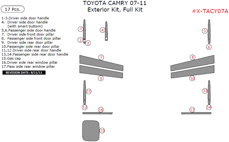 Toyota Camry 2007, 2008, 2009, 2010, 2011, Exterior Kit, Full Interior Kit, 17 Pcs. dash trim kits options