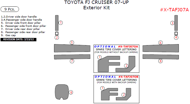 Toyota FJ Cruiser 2007, 2008, 2009, 2010, 2011, 2012, 2013, 2014, Exterior Kit, 9 Pcs. dash trim kits options
