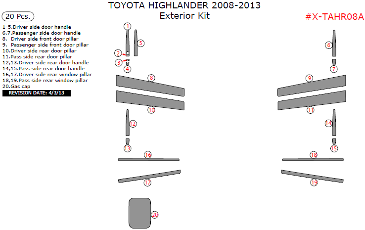 Toyota Highlander 2008, 2009, 2010, 2011, 2012, 2013, Exterior Kit, 20 Pcs. dash trim kits options