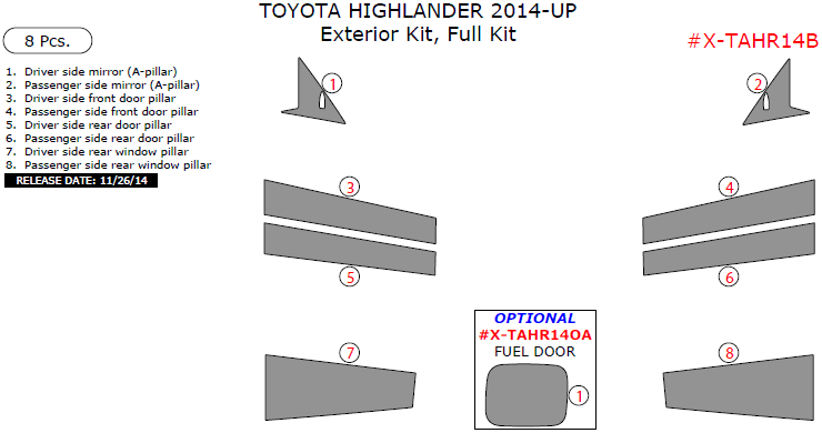 Toyota Highlander 2014, 2015, 2016, 2017, Exterior Kit, Full Interior Kit, 8 Pcs. dash trim kits options