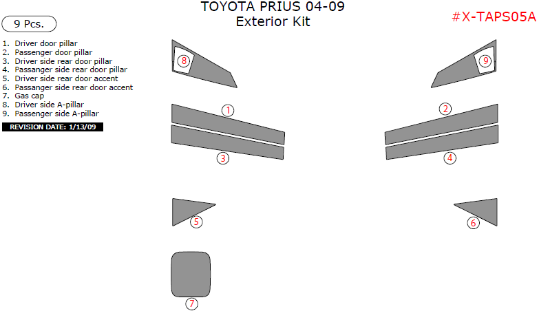 Toyota Prius 2004, 2005, 2006, 2007, 2008, 2009, Exterior Kit, 9 Pcs. dash trim kits options