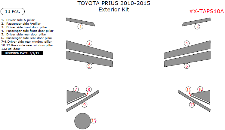 Toyota Prius 2010, 2011, 2012, 2013, 2014, 2015, Exterior Kit, 13 Pcs. dash trim kits options