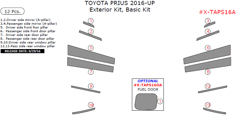 Toyota Prius 2016, 2017, Basic Exterior Kit, 12 Pcs. dash trim kits options