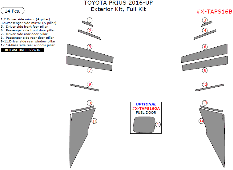 Toyota Prius 2016, 2017, Exterior Kit, Full Interior Kit, 14 Pcs. dash trim kits options