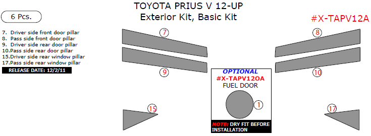 Toyota Prius V 2012, 2013, 2014, Basic Exterior Kit, 6 Pcs. dash trim kits options