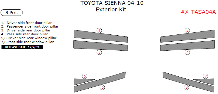 Toyota Sienna 2004, 2005, 2006, 2007, 2008, 2009, 2010, Exterior Kit, 8 Pcs. dash trim kits options
