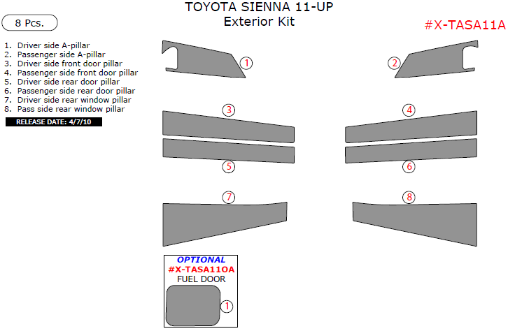 Toyota Sienna 2011, 2012, 2013, 2014, 2015, 2016, 2017, Exterior Kit, 8 Pcs. dash trim kits options