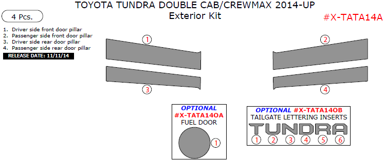 Toyota Tundra 2014, 2015, 2016, 2017, 2018, 2019, 2020, 2021, Exterior Kit (Double Cab/CrewMax), 4 Pcs. dash trim kits options