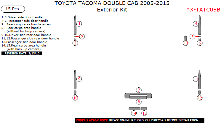 Toyota Tacoma 2005-2015, Exterior Kit (Double Cab), 15 Pcs. dash trim kits options