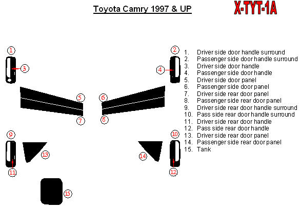Toyota Camry 1997, 1998, 1999, 2000, 2001, Exterior Trim Kit, 15 Pcs. dash trim kits options