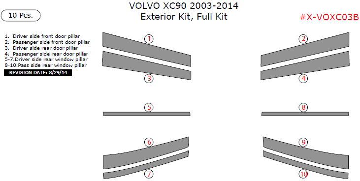 Volvo XC90 2003, 2004, 2005, 2006, 2007, 2008, 2009, 2010, 2011, 2012, 2013, 2014, Exterior Kit, Full Interior Kit, 10 Pcs. dash trim kits options