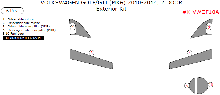 Volkswagen Golf/GTI 2010, 2011, 2012, 2013, 2014, Exterior Kit, 2 Door, 6 Pcs. dash trim kits options