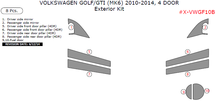 Volkswagen Golf/GTI 2010, 2011, 2012, 2013, 2014, Exterior Kit, 4 Door, 8 Pcs. dash trim kits options