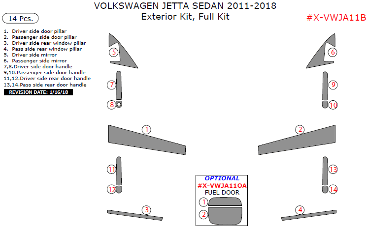 Volkswagen Jetta Sedan 2011, 2012, 2013, 2014, 2015, 2016, 2017, 2018 Exterior Kit, Full Interior Kit, 14 Pcs. dash trim kits options