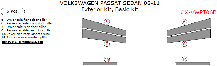 Volkswagen Passat 2006, 2007, 2008, 2009, 2010, 2011, Basic Exterior Kit (Sedan Only), 6 Pcs. dash trim kits options