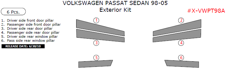 Volkswagen Passat 1998, 1999, 2000, 2001, 2002, 2003, 2004, 2005, Exterior Kit (Sedan Only), 6 Pcs. dash trim kits options