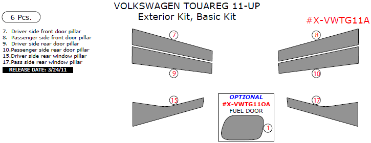 Volkswagen Touareg 2011, 2012, 2013, 2014, 2015, Basic Exterior Kit, 6 Pcs. dash trim kits options