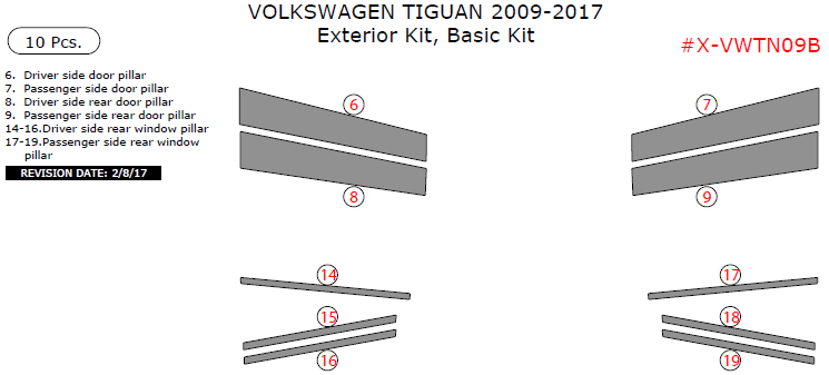 Volkswagen Tiguan 2009, 2010, 2011, 2012, 2013, 2014, 2015, 2016, 2017, Basic Exterior Kit, 10 Pcs. dash trim kits options